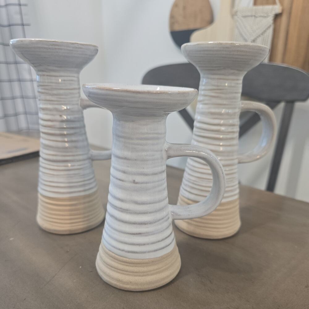 Set Of 3 Mud Pie Farm Taper Candle Stick Holders Glazed Ceramic